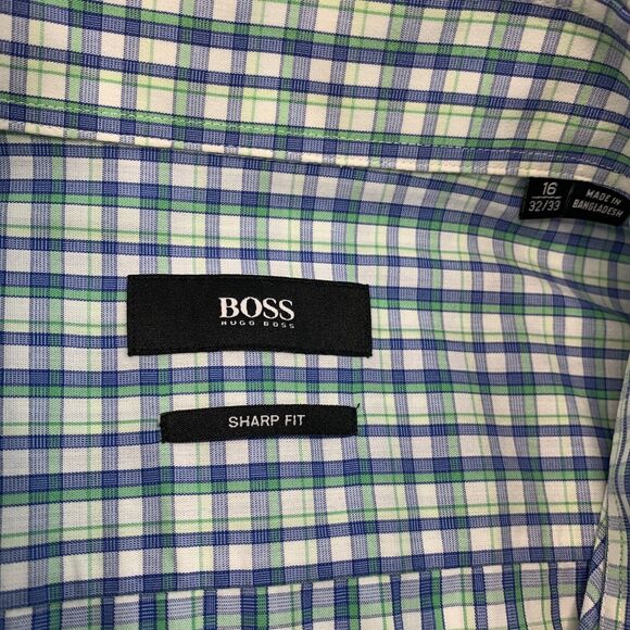 Hugo Boss Shirt Mens 16 Blue Green Slim Sharp Fit Plaid Button Up Long Sleeve - Picture 4 of 11